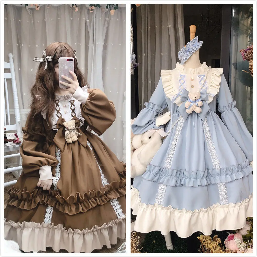 Lolita Dress Women Kawaii Bow Bear Lace Blue Dress Long Sleeve Princess Halloween Costume Gift For Girls New
