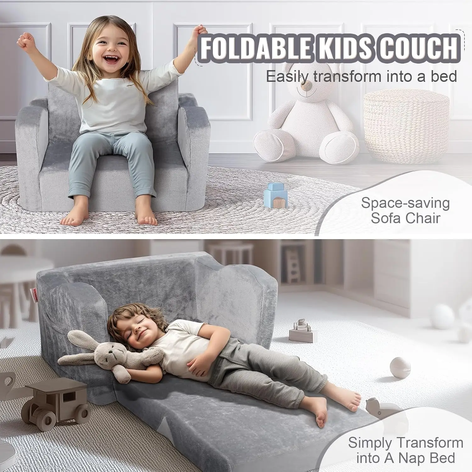 Kids Couch, Toddler Chairs Comfy, 2-in-1 Toddler Couch Sofa Bed Fold Out, Convertible Sofa to Lounger 5