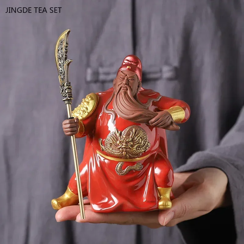 1PCS Small Purple Clay Guan Yu Tea Pet Ornament Wu Caishen Living Room Lucky Decoration Bo Gu Jia Crafts