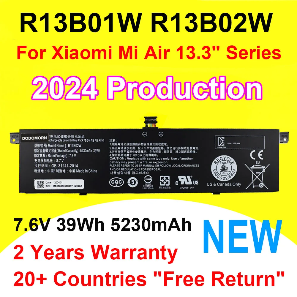 Laptop battery 39WH 5230mAh R13B01W R13B02W Battery For Xiaomi Mi Air 13.3 inch Series