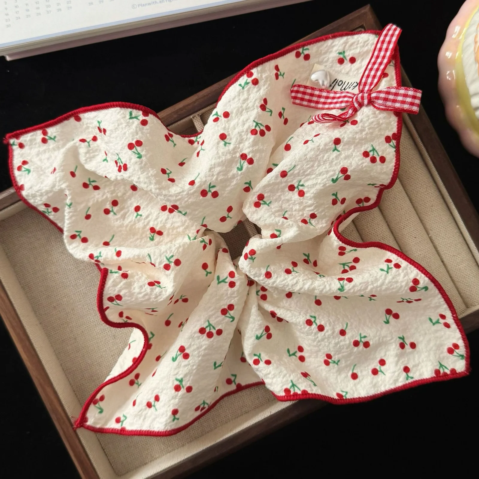 1PC Cherry - Printed Hair Scarf, Quilted Fabric with Red Trim & Bow, Sweet Hair Accessory for Girls, Perfect for Cute Hairstyles