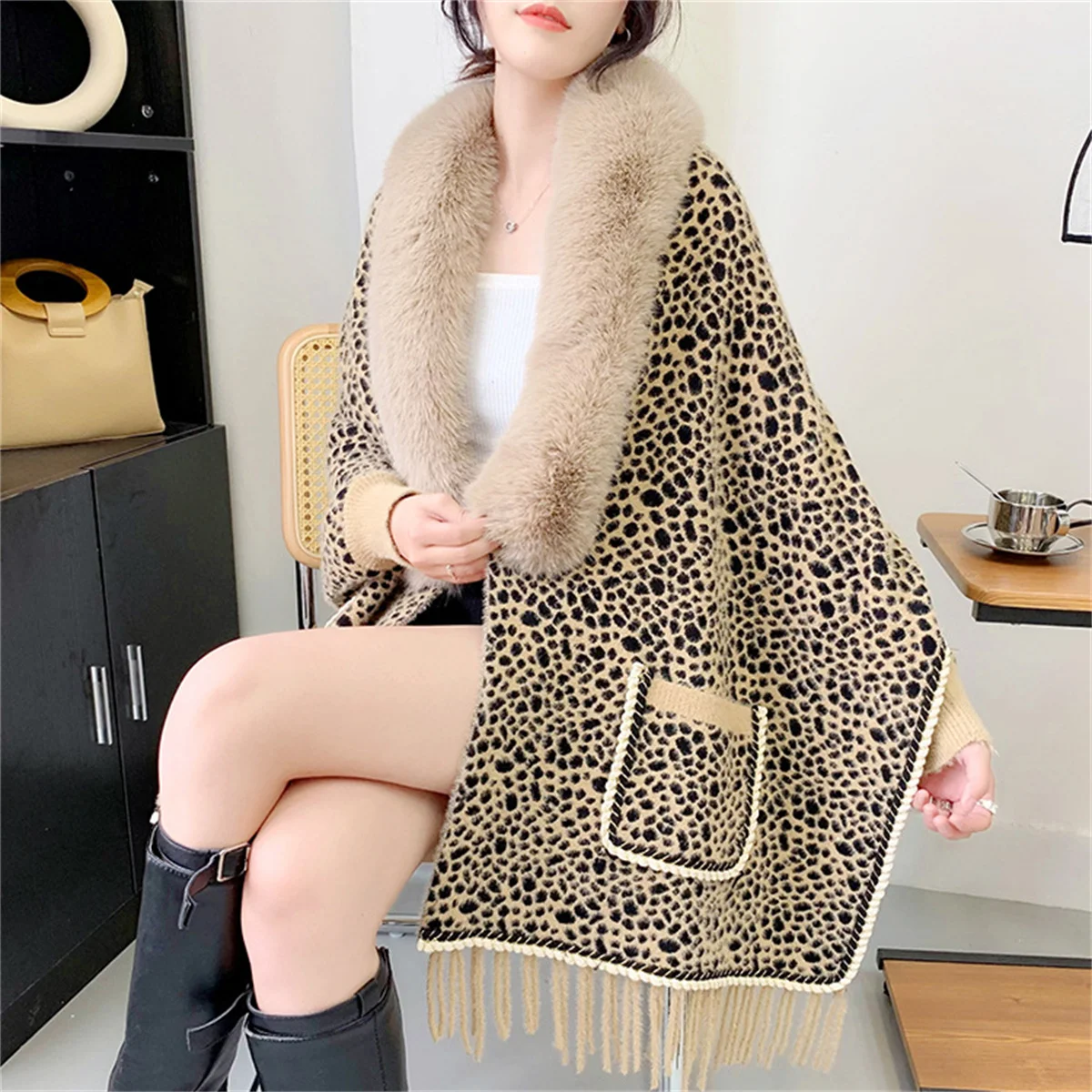 5 Colors Women Leopard Printed Capes Long Batwing Sleeves Faux Fur Winter Warm Poncho Cloak Streetwear Tassel Coat With Pocket