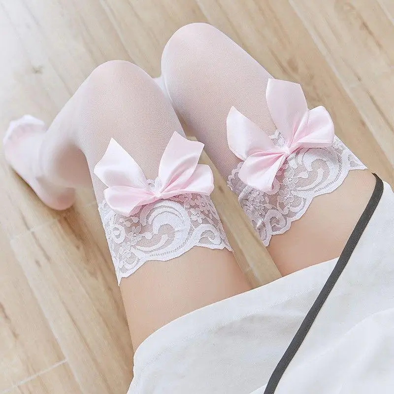Japanese cute gentle lace high socks Lolita pink over-the-knee socks white maid stockings