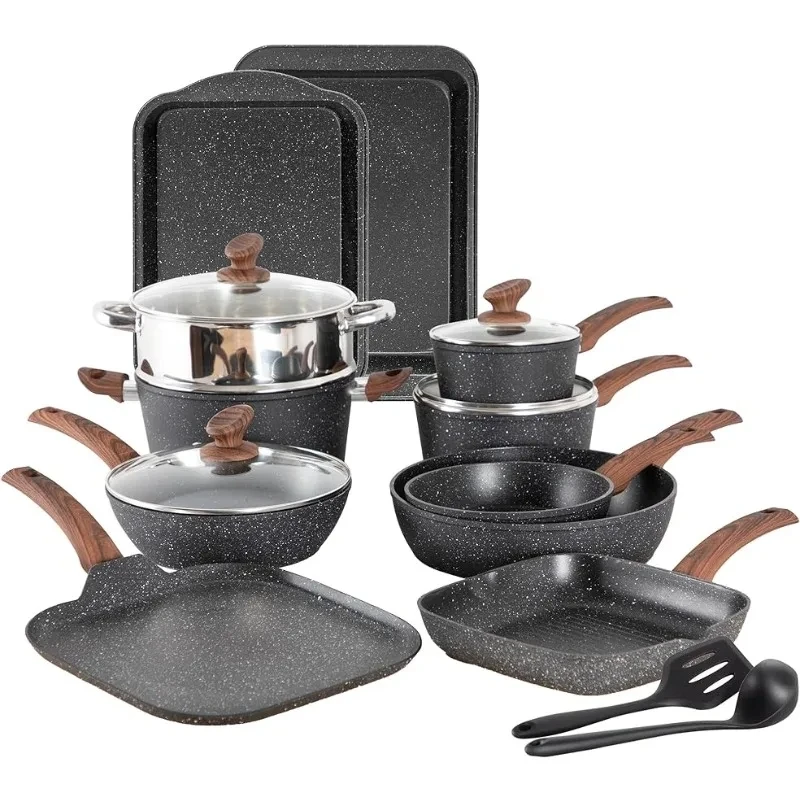 

17 Piece Pots and Pans Set Non Stick, Nonstick Induction Granite Kitchen Cookware Sets cookware set
