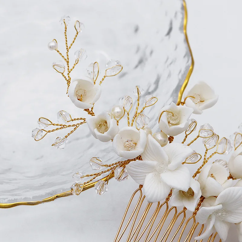 White Ceramic Flowers Updos Hair Pins for Bride Bridesmaids Flower Girls Handmade Headdress Hairpin Accessories for Bride