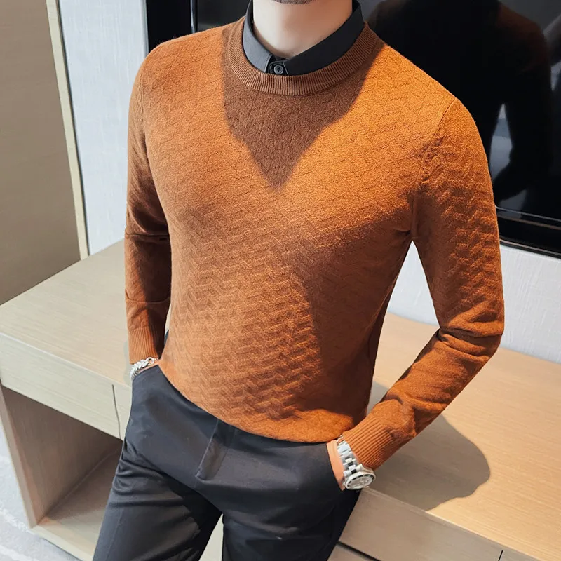 

Brand Clothing Men's Autumn and Winter Warm Knit Sweater Fake 2 Pieces Shirt Collar Fashion Pullover Man Slim Fit Casual Sweater