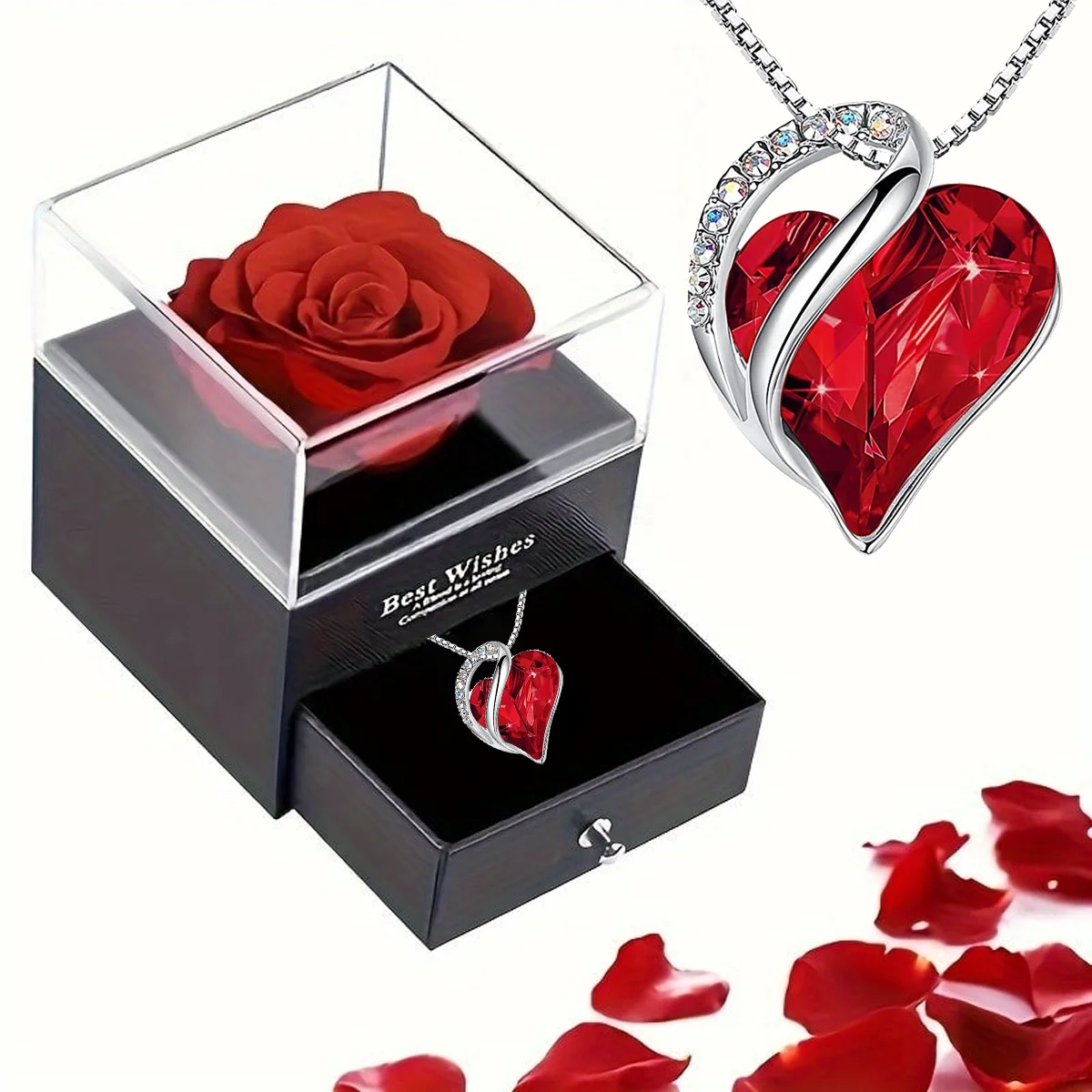 Collana con ciondolo a forma di cuore con rosa rossa