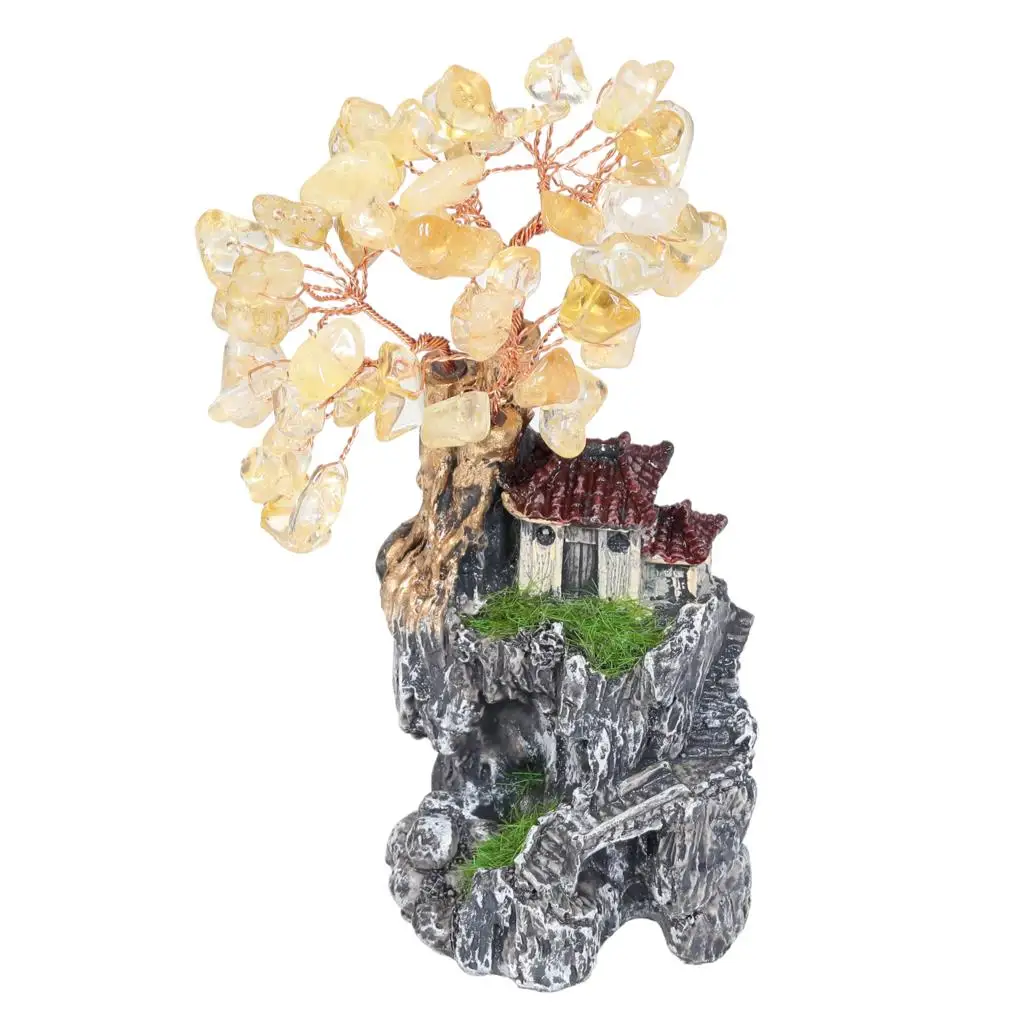 Mini Resin House Natural Crystal Stone Tree Micro Landscape For Home Decoration Desktop Ornaments