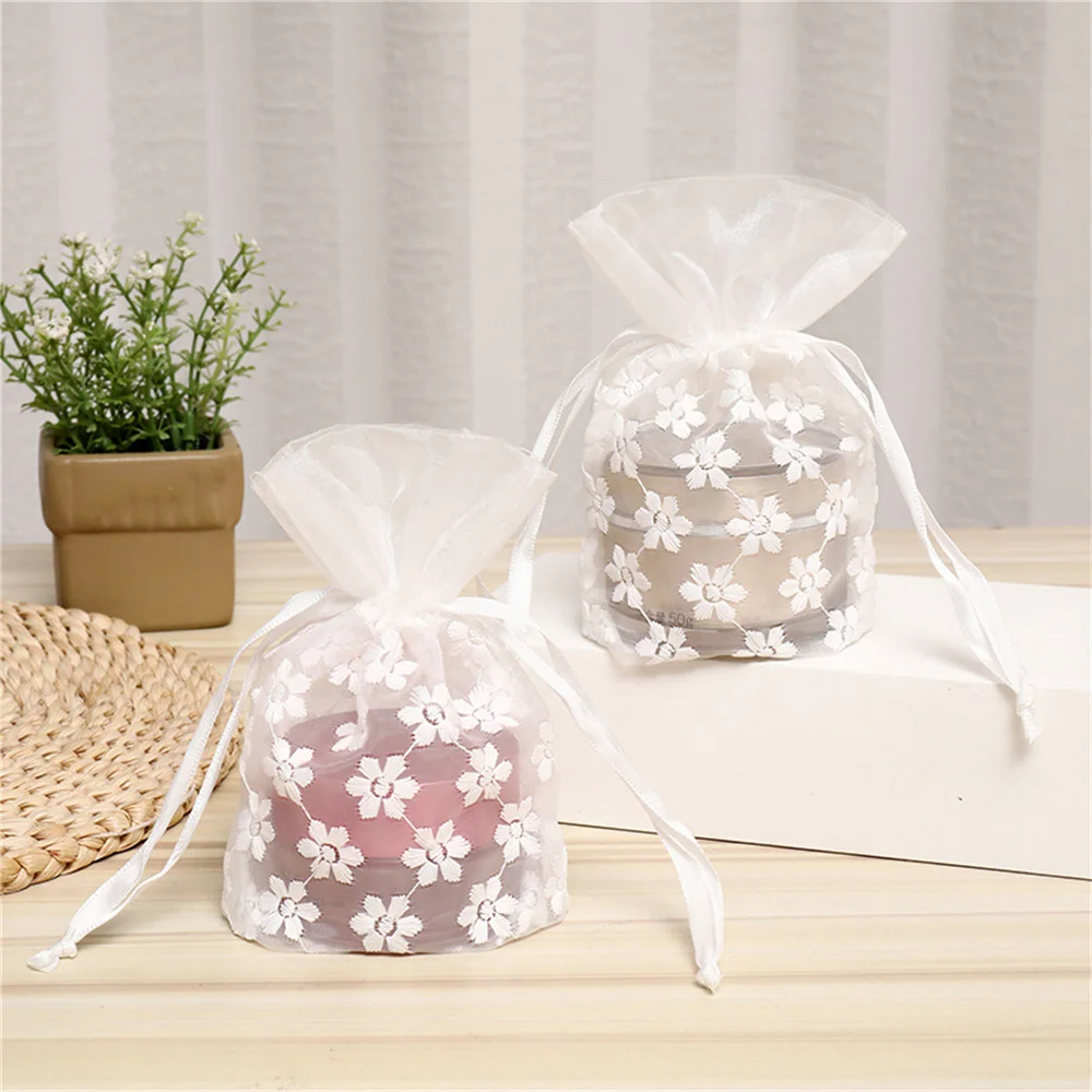 

1Pcs White Flower Embroidery Mesh Bags Jewelry Gifts Packaging Bag Wedding Party Biscuit Candy Chocolate Bag Pouches 10x14cm