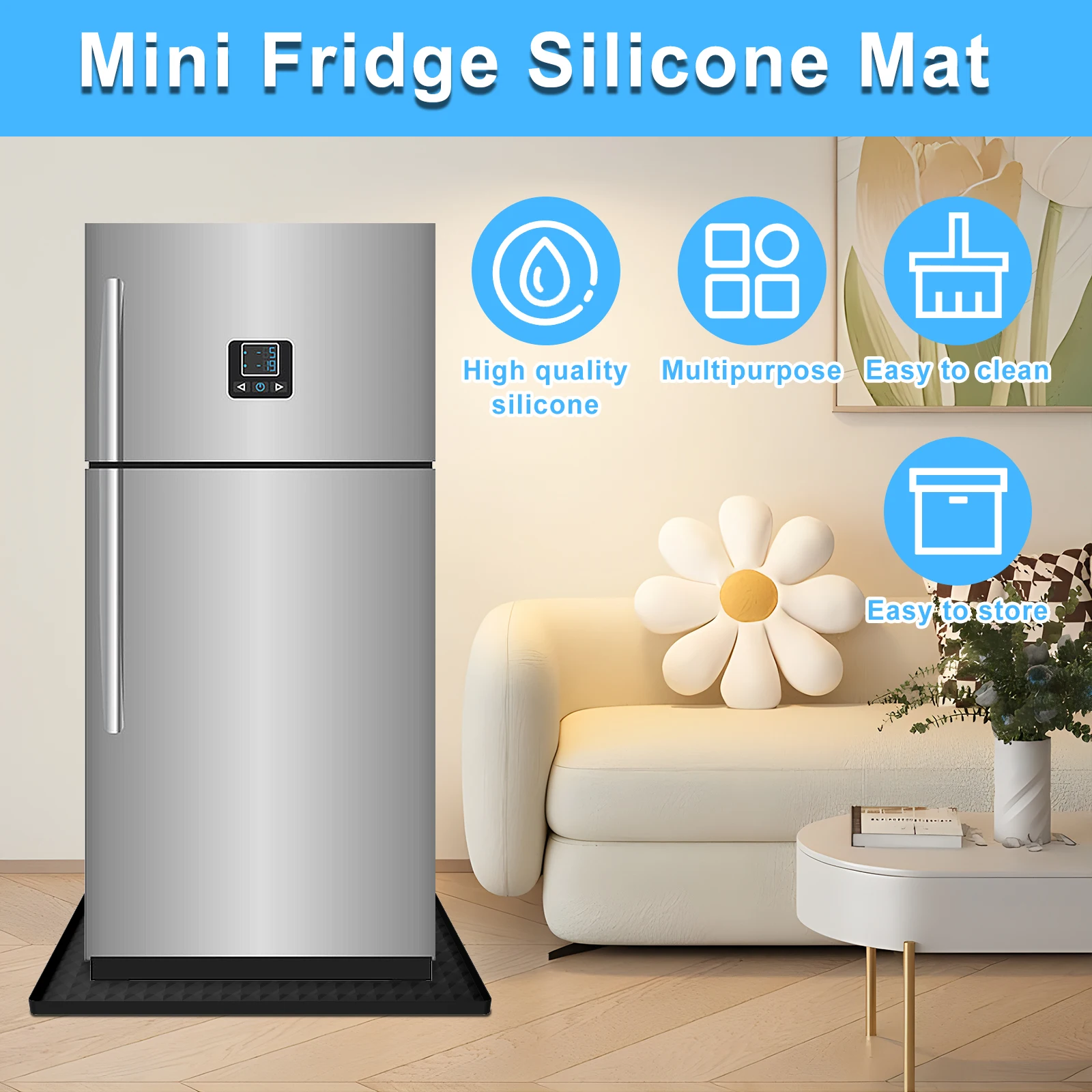 60x60cm Fridge Silicone Mat Mini Fridge Drip Pan with 0.8 Inch Raised Edges Under Refrigerator Floor Protector Furniture Pad