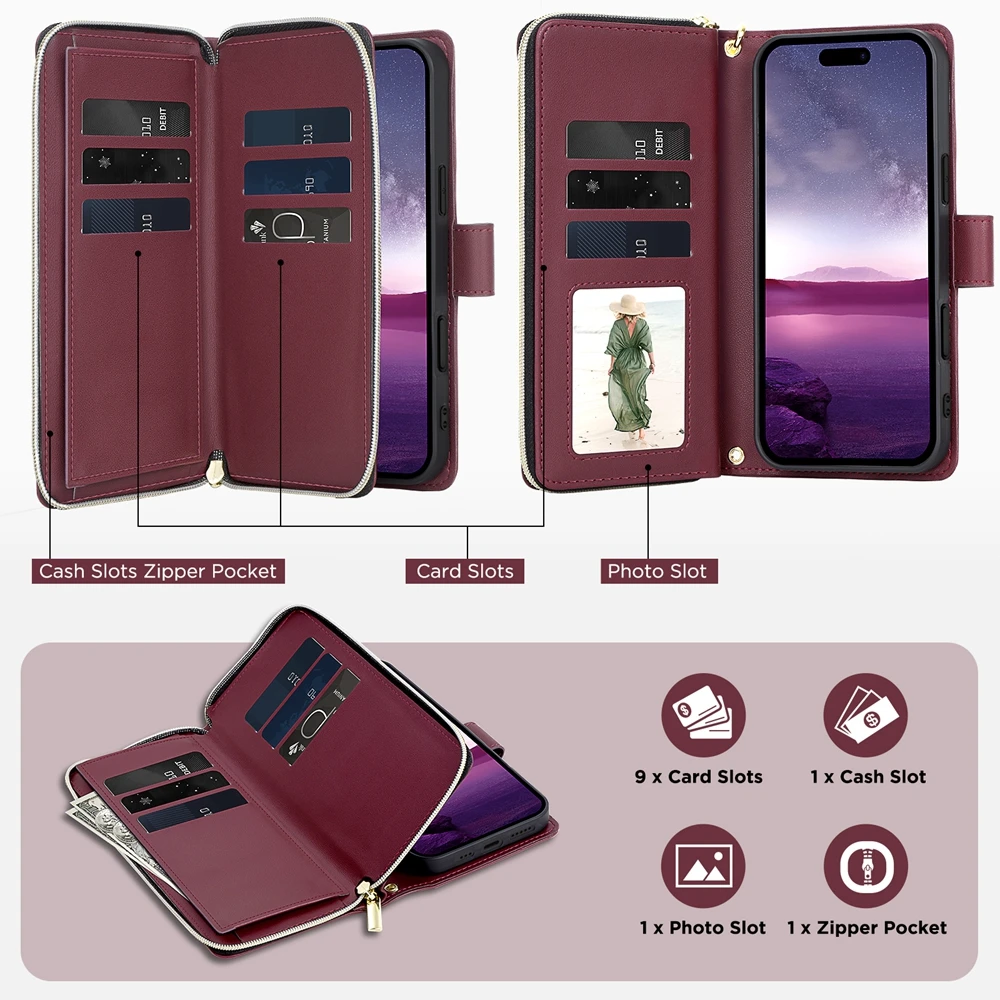 Deluxe Leather Flip Wallet Case with Long Lanyard and Cardholder