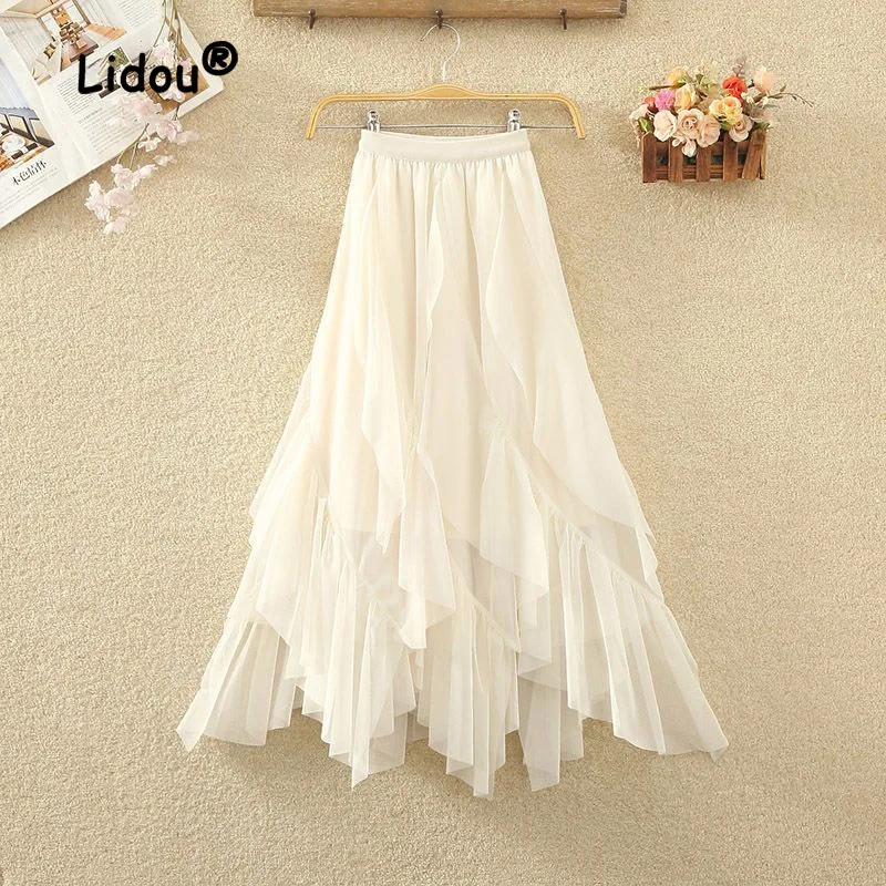 new arrival women tulle skirts high waist a line spring and summer lace gauze skirts office lady ankle length mesh skirts female Fashion Irregular Patchwork Ruffles Mesh Skirt Women Classic New Shirring Casual Office All-match Lady A-line Skirt