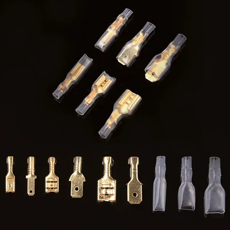 100Pcs/lot  Electric Wire Connectors Set 2.8/4.8/6.3mm Female and male Crimp Terminal Connector Gold Brass/Silver Car Speaker images - 6