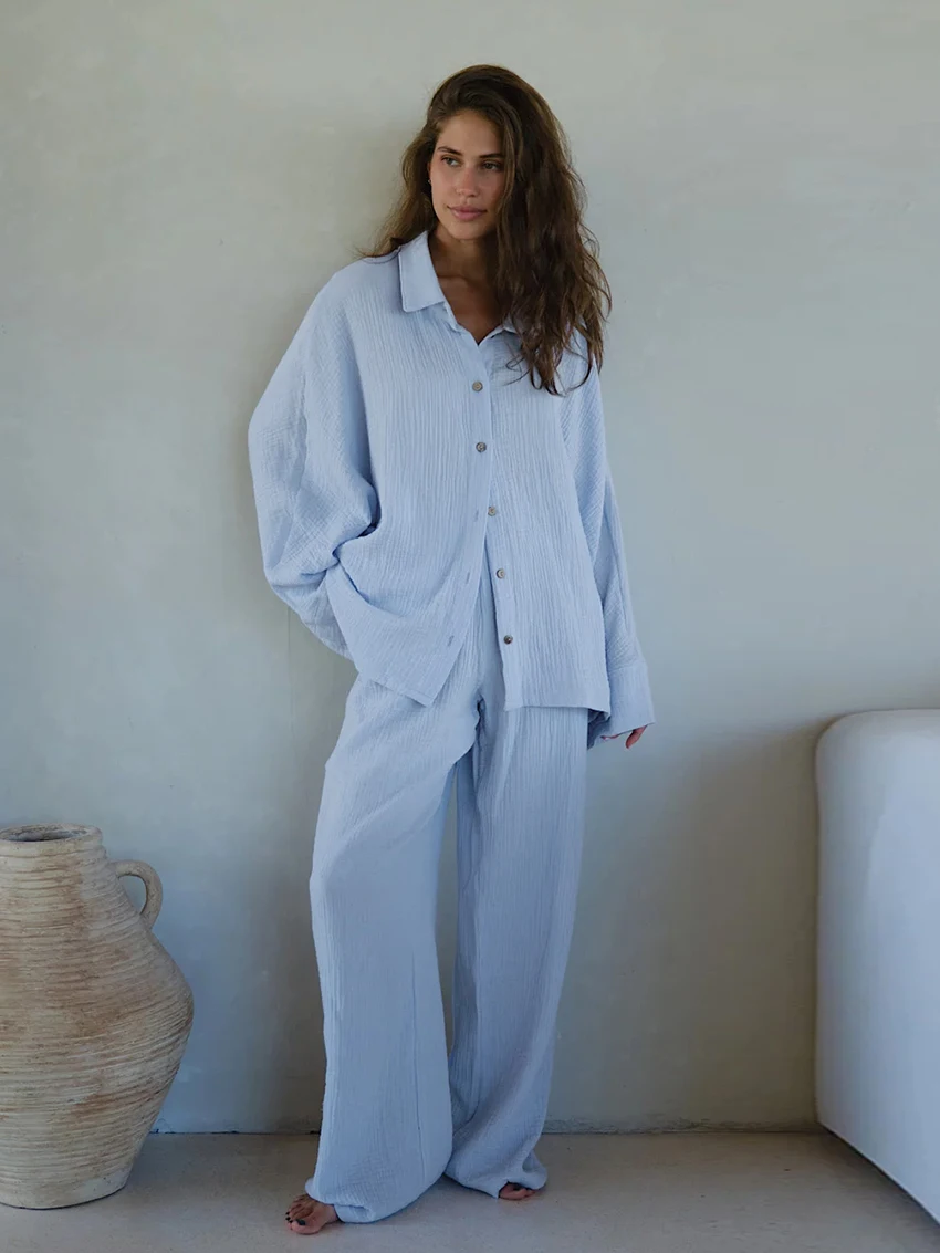 Marthaqiqi Causal Female Nightwear 2 Piece Suit Long Sleeve Nightgowns Turn-Down Collar Sleepwear Pants Loose Women Home Clothes
