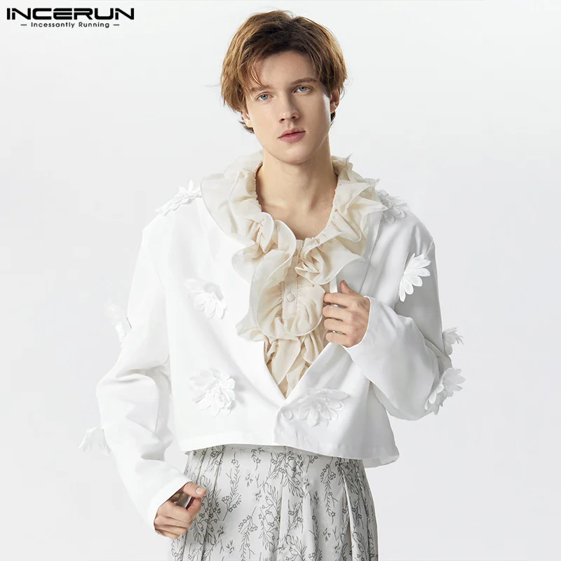 

INCERUN Tops 2024 American Style Men's Fashionable Flower Patch Design Blazer Casual Simple Male Short Sleeved Suit Coats S-3XL