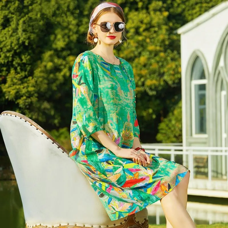 

ZUOMAN Summer Vintage Print Mulberry Silk Midi Women 2024 Boho Chiffon 4Xl Plus Size Dress Elegant Bodycon Party Vestidos