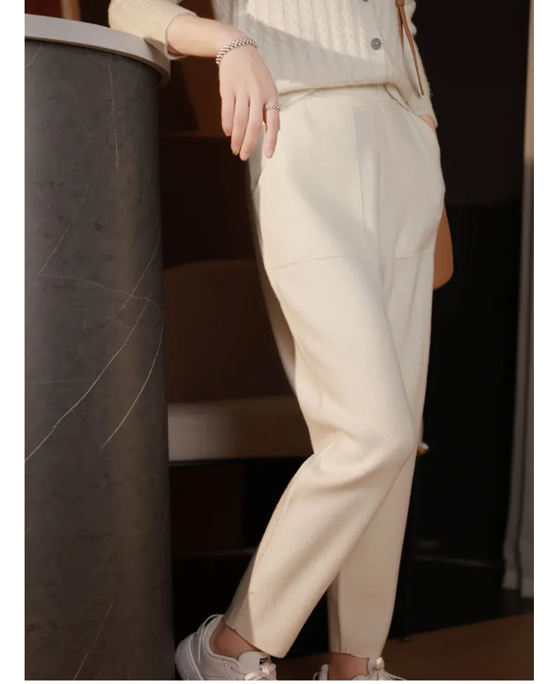 Pure Cashmere Pants with Open Pocket, Feet Show Legs, Casual Harem Pants, Knitted Pants, New, Autumn and Winter