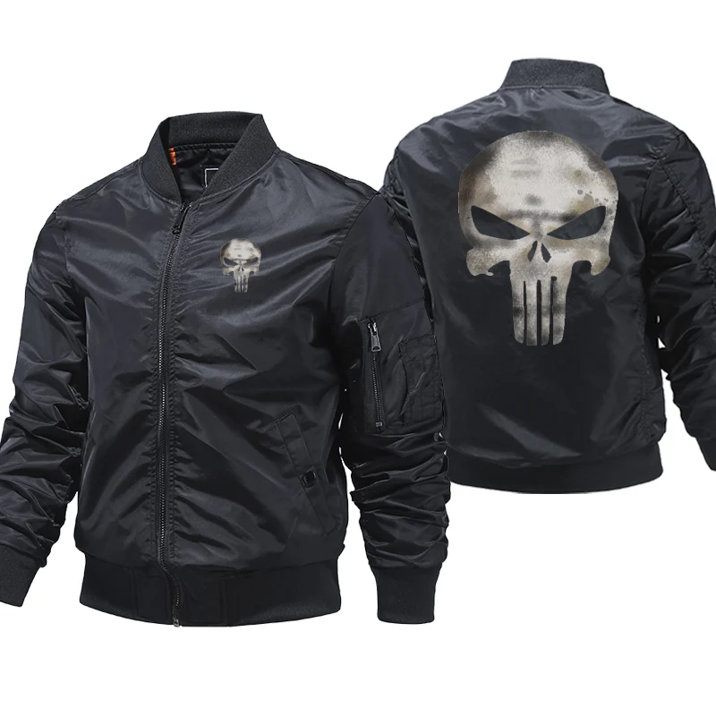 Skull pilot bomber jacket in Black, front and back view