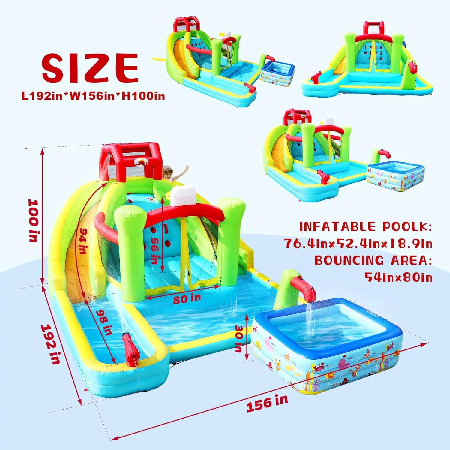 Inflatable Water Slide Pool for Two with Blower Bouncy Castle Rock Climbing Large Deep Pool and Water Gun Inflatable Swimming Pool