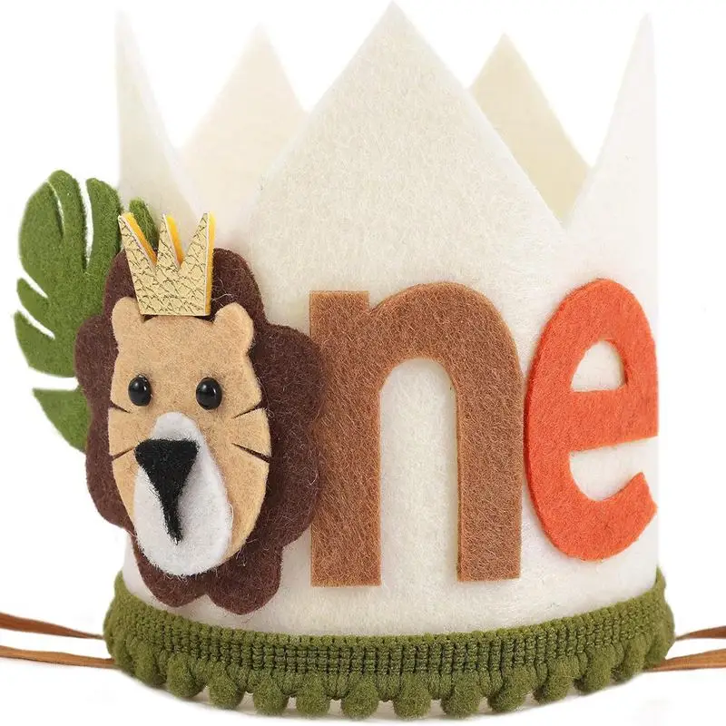 party hat birthday crown baby crown hat cartoon one year felt crown hats birthday party ONE lion animal jungle party hat kids baby shower happy 1st birthday decor