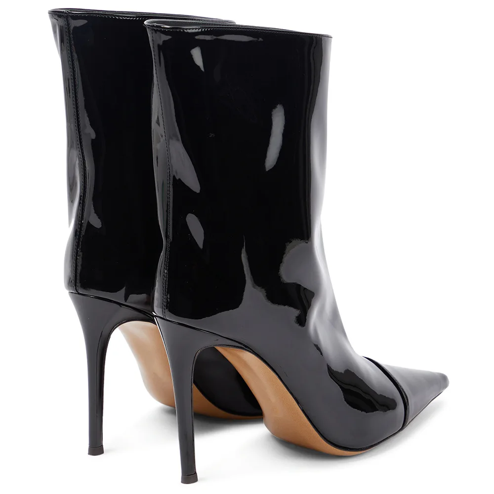 Winter New European and American Large Size Pure Black Sexy Pointed High Heel Women's Mid Length Boots Foreign Trade Source