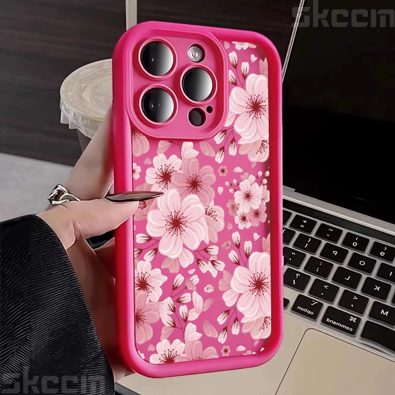 Pink Peach Flower Phone Case For iPhone 16 16E 15 14 13 12 11 Pro Max X XR XS Max 7 8 Plus Anti-Drop Silicone Soft Cover