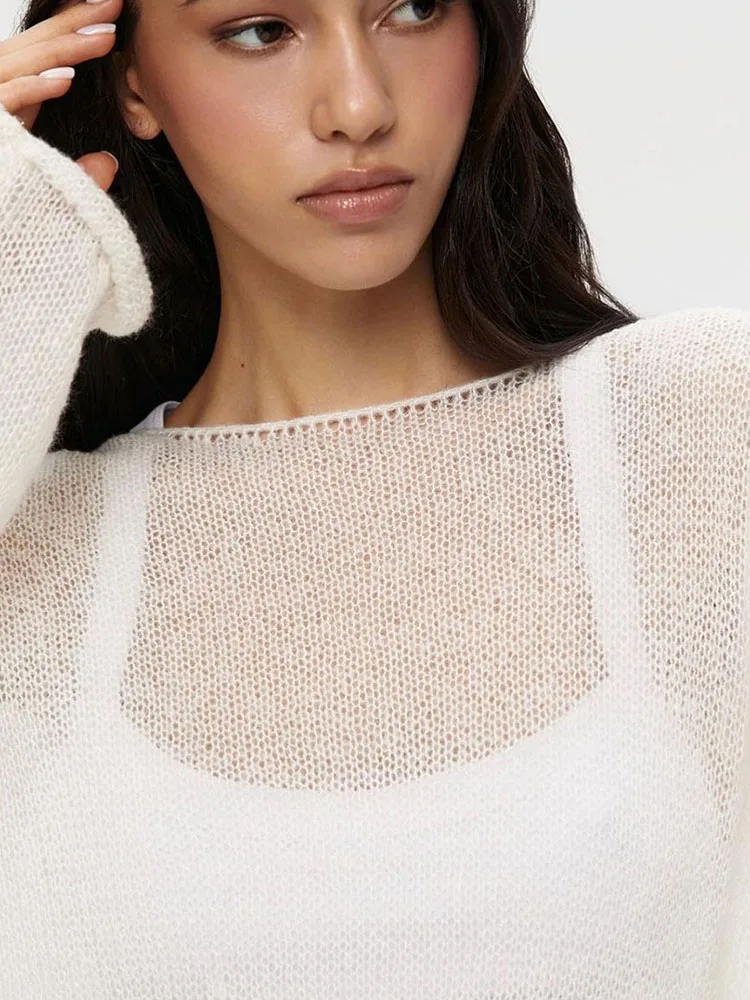 Knitted Hollow Sweater Pullover Women's Loose Long-Sleeved Fashion Solid Color Round Neck See-Through Street Top Pullover