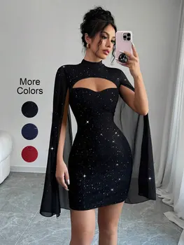 Sexy Women's Stand Collar Cape Mini Dress Sequins Sparkling Club Party Night Out Fitted Bodycon Elegant Autumn Winter 1