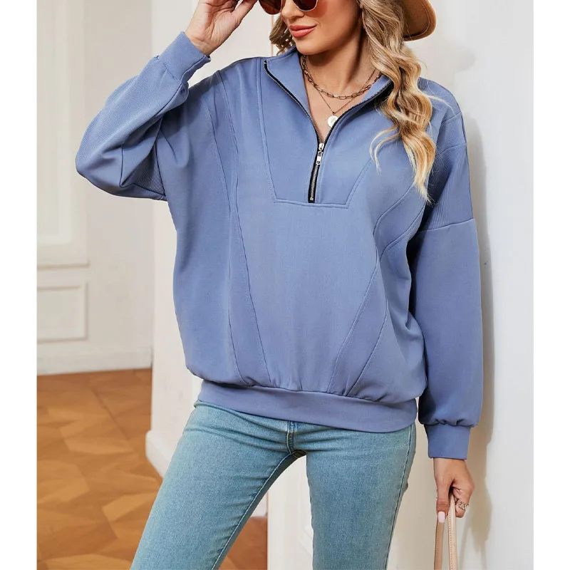 2023 New Autumn and Winter Fashion Simple Solid Color Zipper Long Sleeve Temperament Commuter Loose Sweater Women's Coat