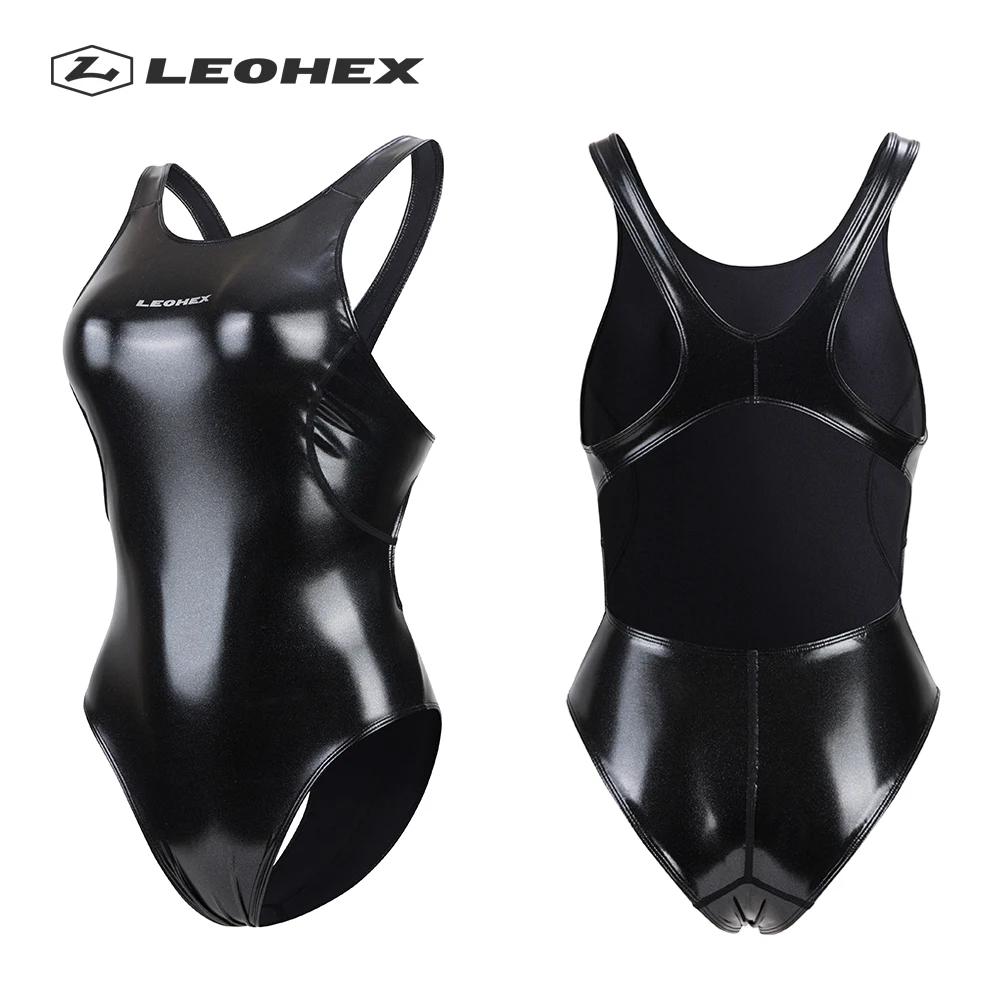 LEOHEX Costume da bagno da donna a maniche lunghe, super lucido, sexy, con chiusura lampo, con colletto alto, argento, M
