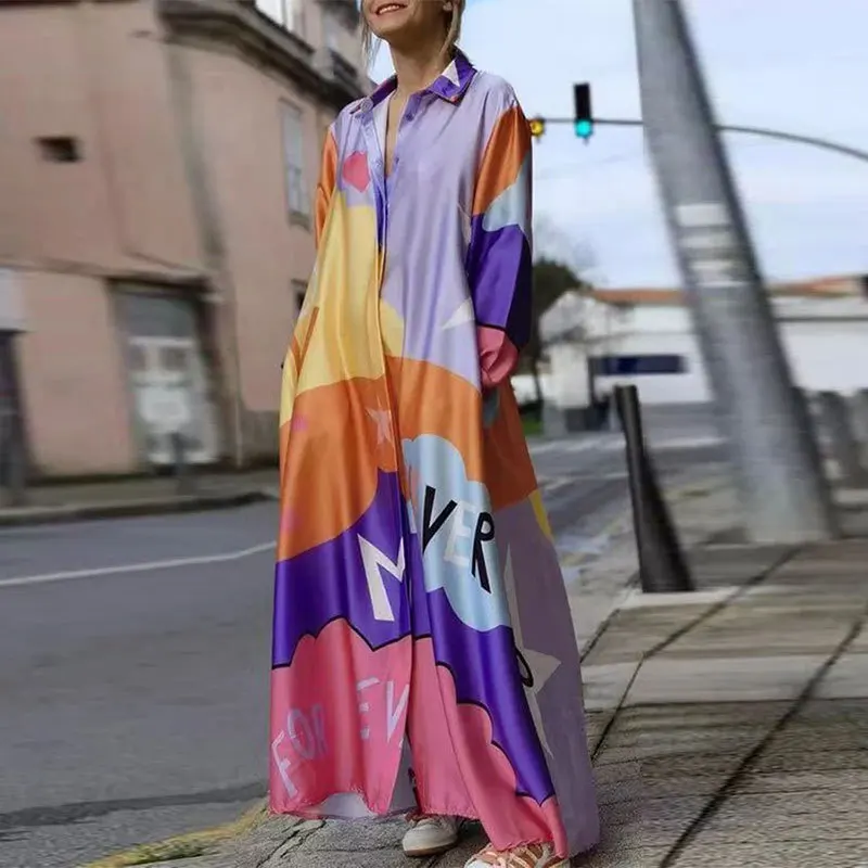 

Autumn Women Loose Shirt Dress Elegant Fashion Long Sleeve Turn Down Collar Single Breasted Print Slit Bohmeian Vacation Dress