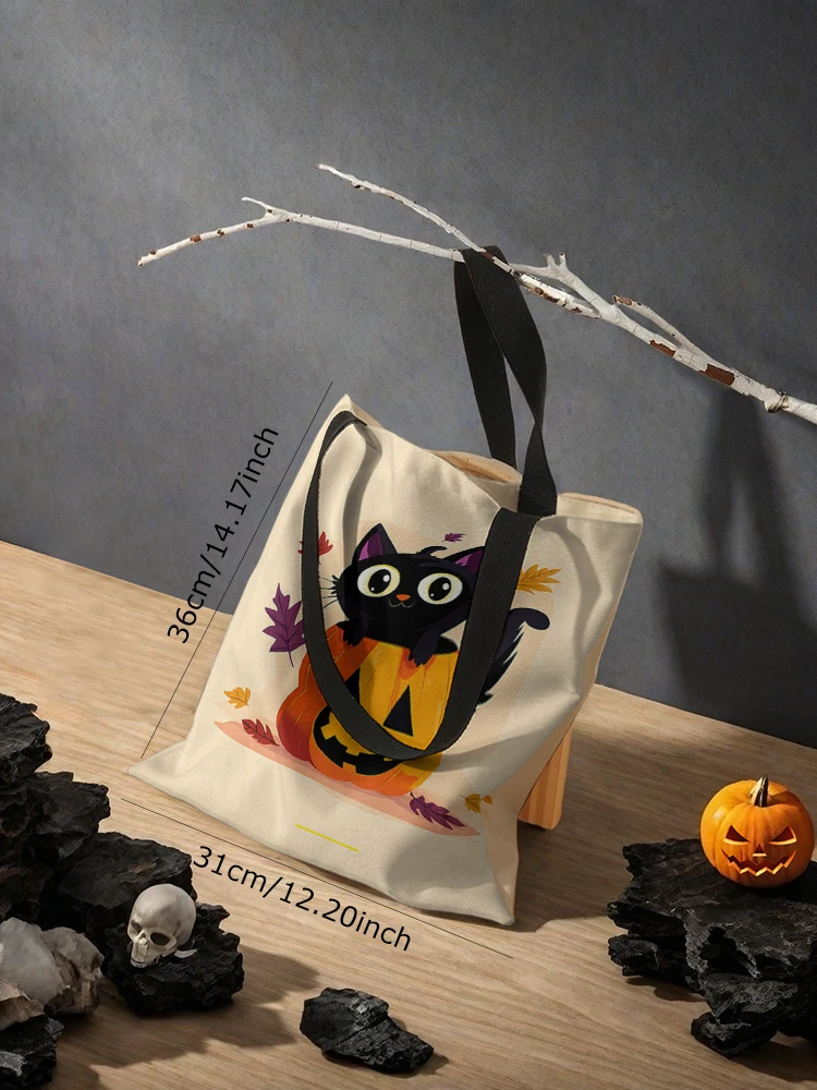 Halloween cartoon pumpkin and black cat pattern printed casual handbag, reusable fashionable shopping bag
