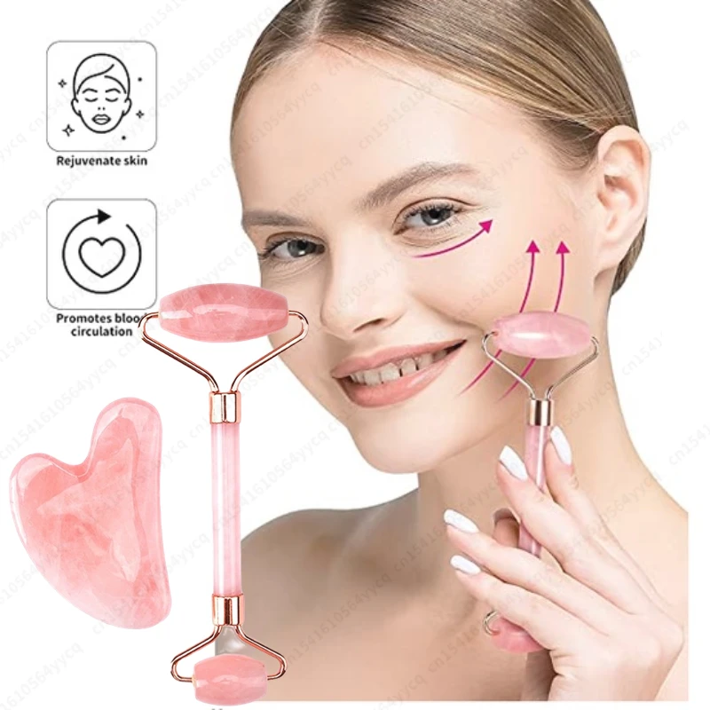 Pink Rose Quartz Jade Massager Roller Gouache Scraper Set Natural Crystal Stone Gua Sha Board Face Roller Skin Care Beauty Tool