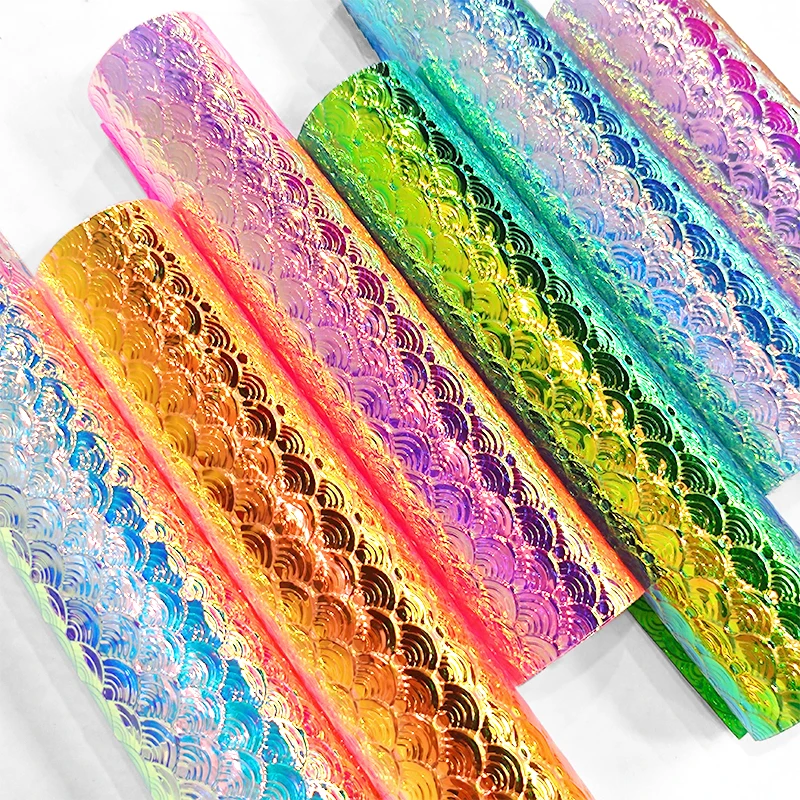 

Rainbow Holographic Mermaid Scale Textured PVC Leather Vinyl Film Fabric Roll For Making DIY High-Heels Phone Case Bag Crafts