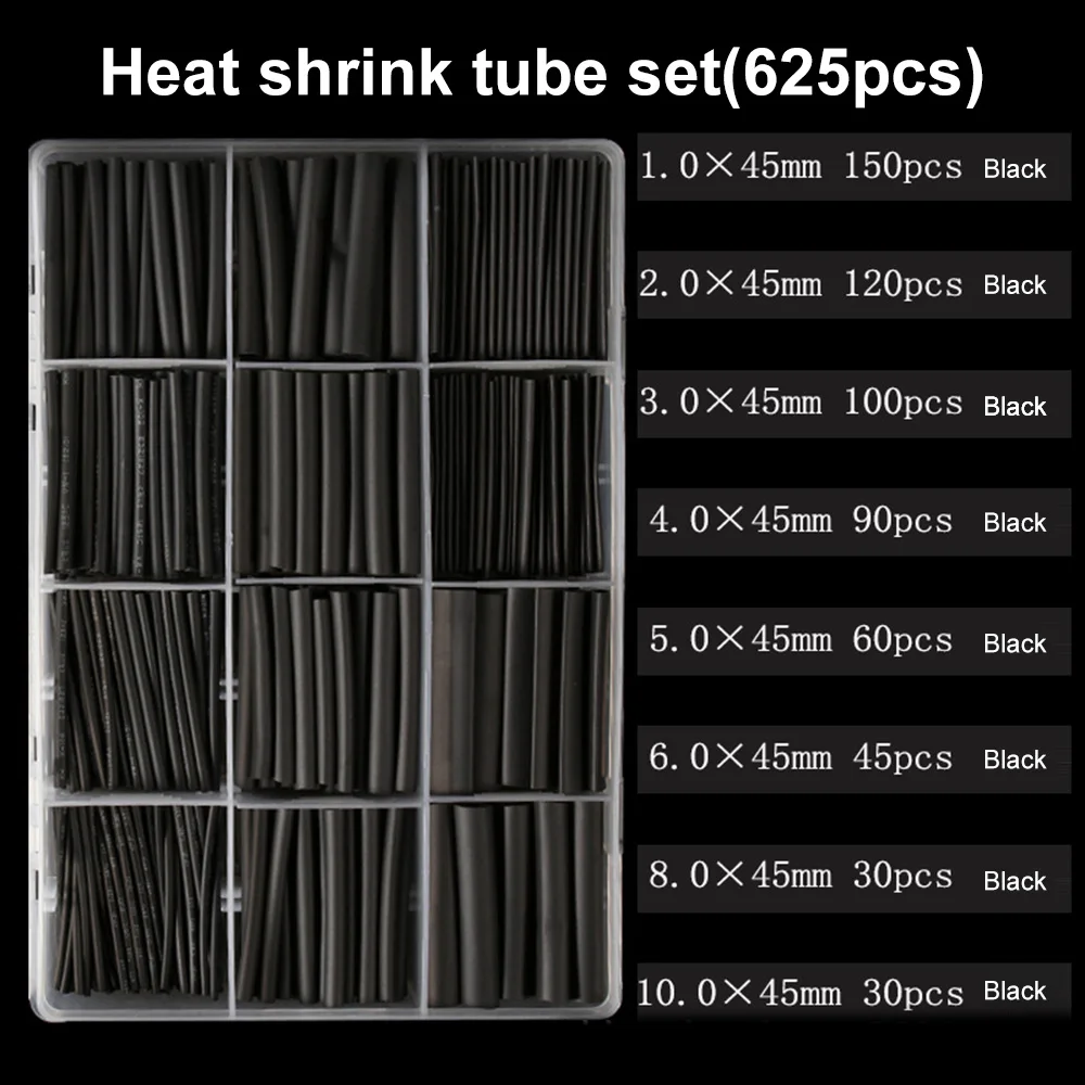 Black Heat Shrink Tubing 2:1 Shrink Ratio Polyolefin Heat Tubing Assortment 625PCS heat shrink tubing