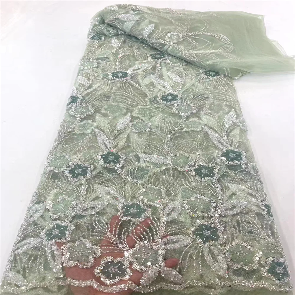

African Lace Fabric With Heavy Sequins Beaded 2023 High Quality Lace 5 Yards French Nigerian Tulle Lace Fabrics For Dress XC5004