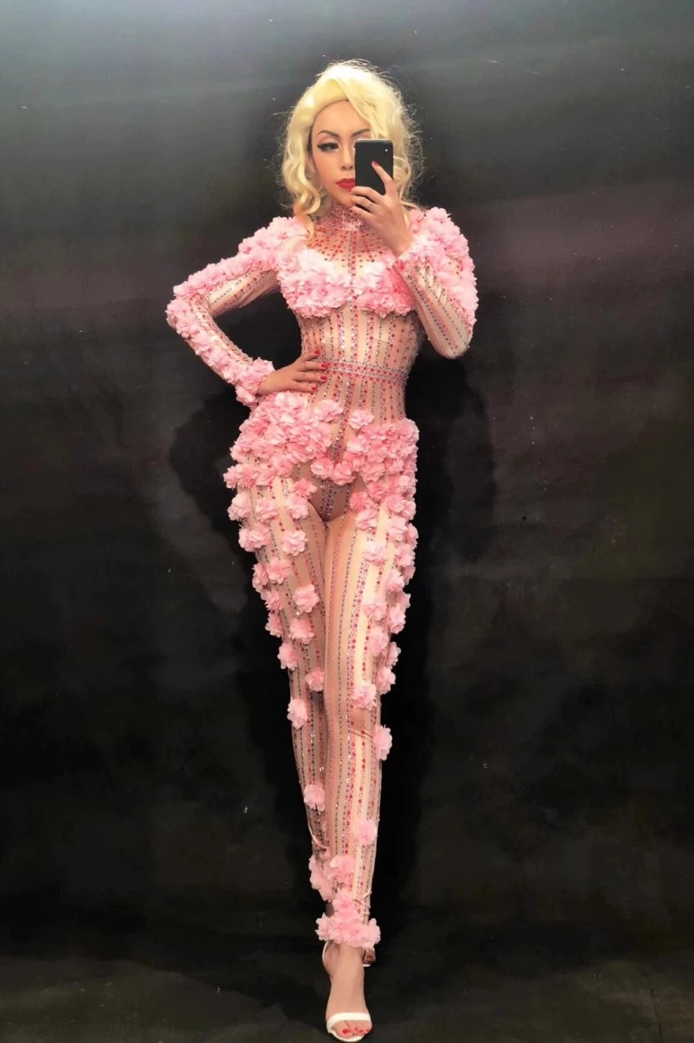 Sexy Dj Pink Flower Bodysuit Costume Evening Crystals Jumpsuit Celebrate Party Wear Singer Stage Performance gogo costumes