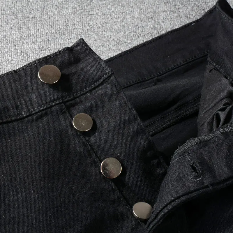 Street Fashion Men Jeans Black Stretch Skinny Fit Elastic Ripped Jeans Men Leather Patched Designer Hip Hop Brand Pants Hombre