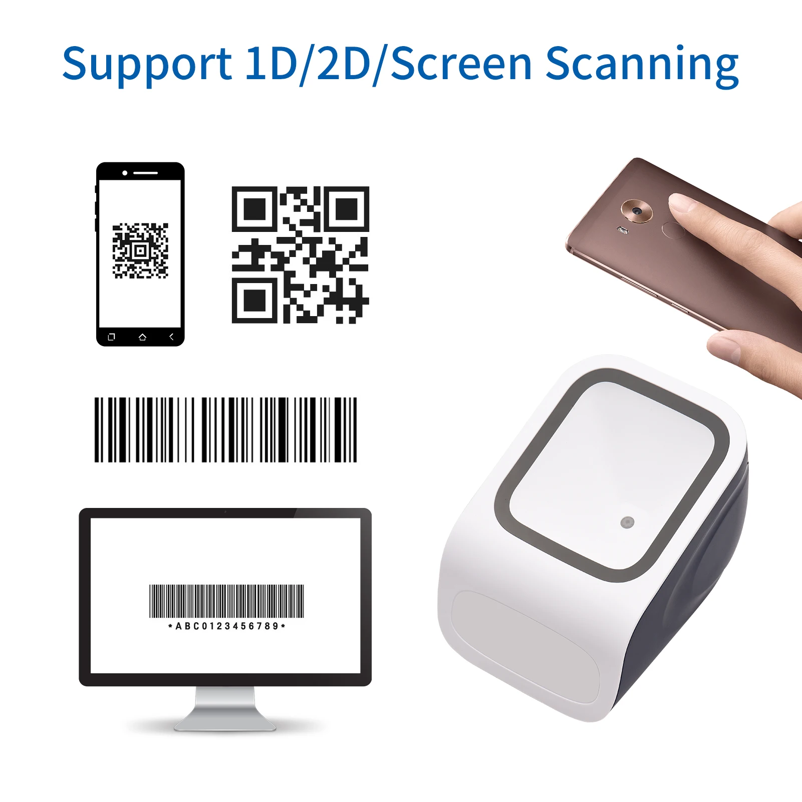 New 1D 2D QR Desktop Barcode Scanner Platform Hands-free USB Wired Bar Code Reader Scanner Plug&Play Compatible Window Android