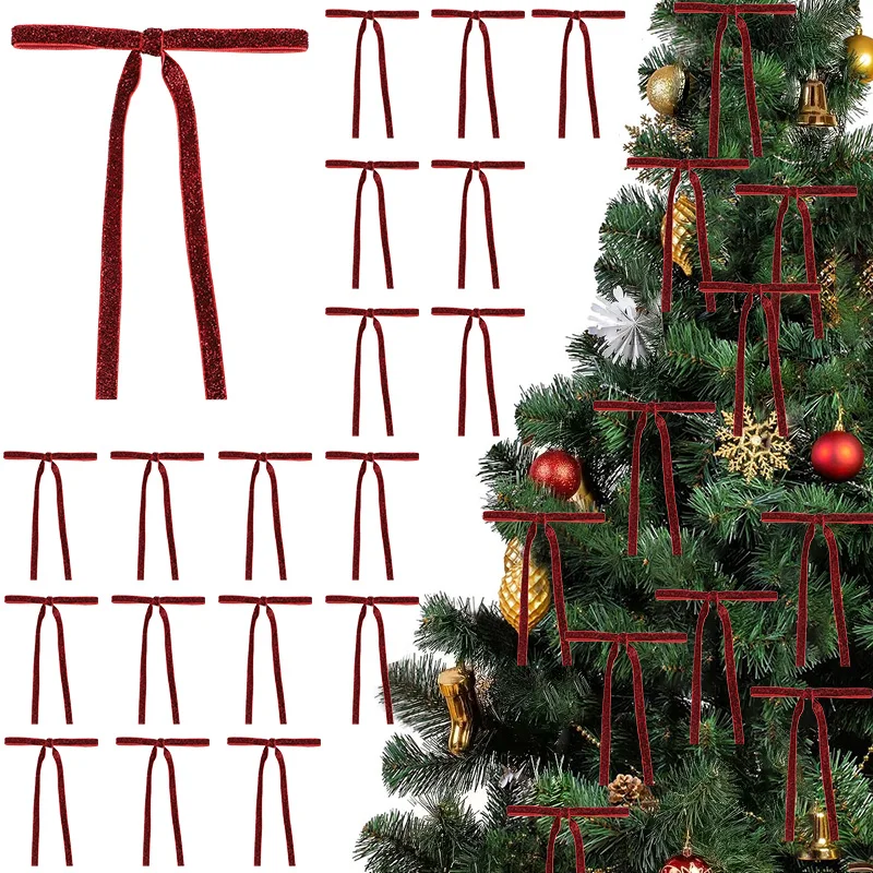 12pcs Red Gold Velvet Bow Christmas Tree Hanging Ribbon Bow Glitter Ornaments DIY Crafts 2025 Christmas Party Gift Decorations