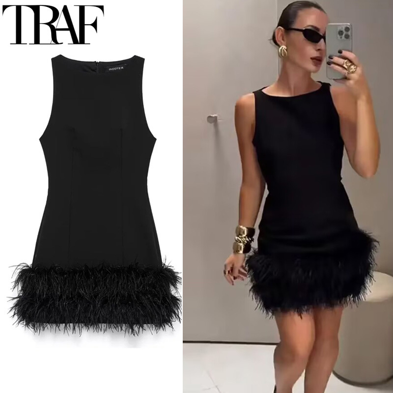 TRAF Womens Dresses 2025 Sleeveless Black Dress With Feathers Bodycon Short Party Dresses Woman Fitted Tank Elegant Mini Dress
