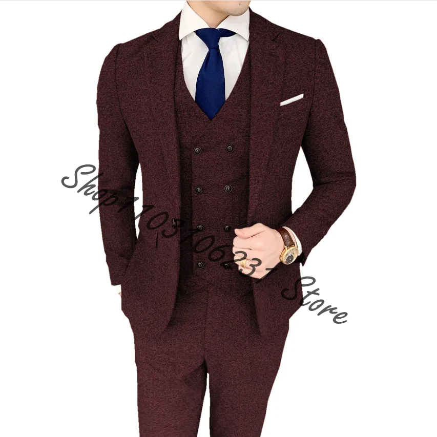 Black Herringbone Tweed Formal Men Suits for Winter 3 Piece Wedding Groomsmen Tuxedos Male Jacket Vest Pants Trajes De Hombre
