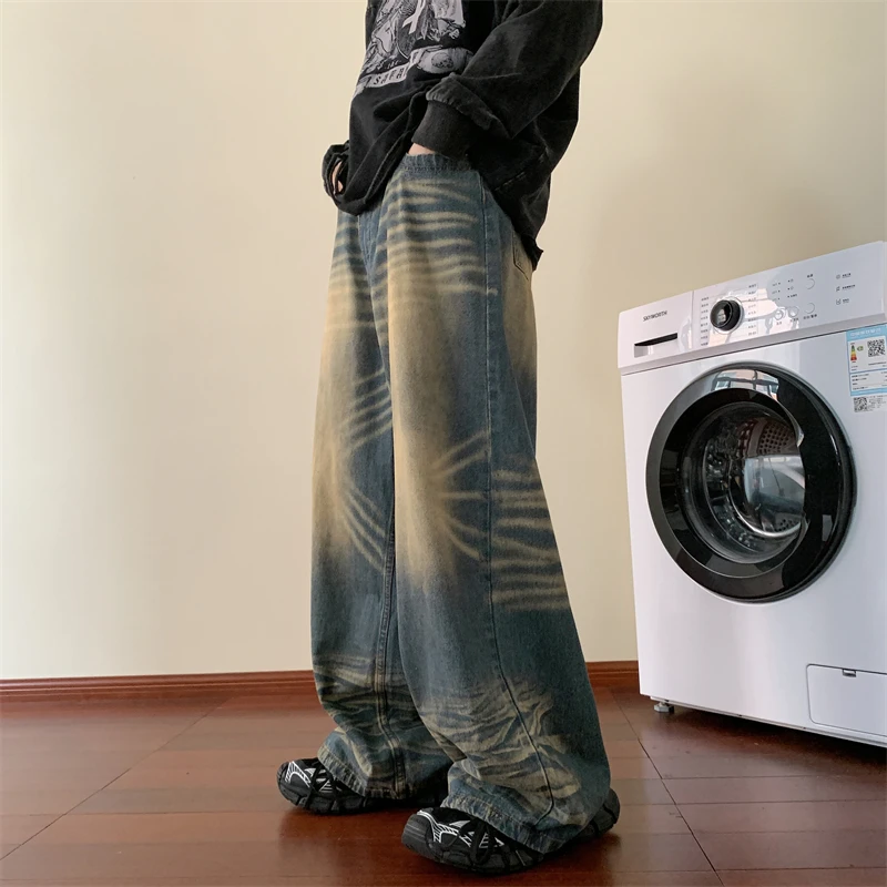Fashion Blue Tie-dye Wide-leg Jeans Men Distressed Baggy Straight Denim Pants Men High Street Jean Pants Mopping Trousers 4