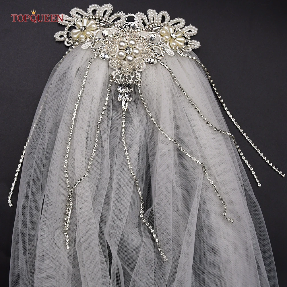 TOPQUEEN Bridal Veil Short Fingertip Long Single Layer Tulle with Pearls Rhinestone Headwear Wholesale Church Wedding Veil