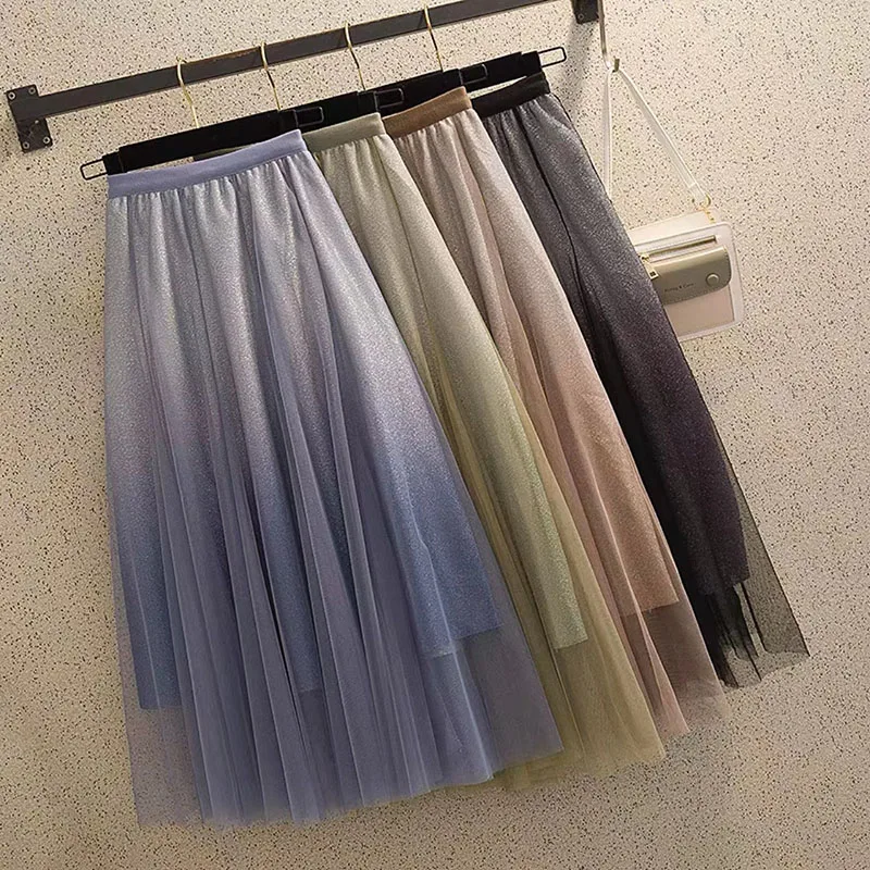 

Mesh Splicing Bright Silk Skirt Women Spring New Gradual Color Elastic High Waist Pleated Skirt Loose Casual Medium A-line Skirt