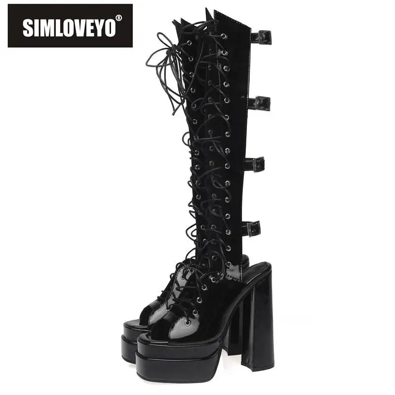 

SIMLOVEYO Summer Lady Boots Knee High 38cm Platform 6cm Super High Block Heel 14.5cm Peep Toe Lace-up Fashion Rome Style Size 46