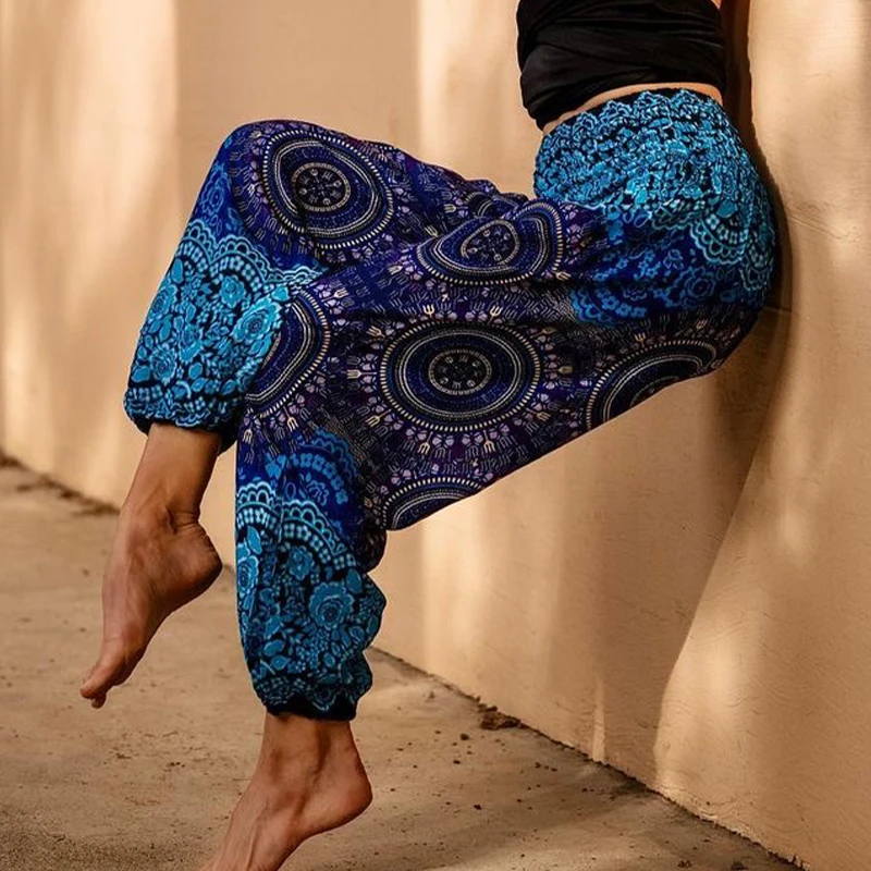 Women Hippie Pants Boho Loose Yoga Pants Rayon Pocket Female Beach Clothing Daily Harem Baggy Jogging Outdoor High Waist Printed sports pants,yoga pants,women wide leg pants,women harem pants