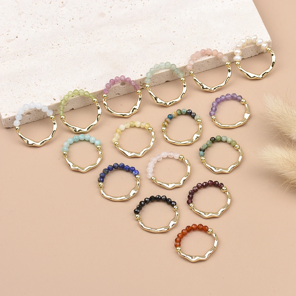 3MM Natural Stone Yellow Opal Moonstone Lapis Faceted Beads Round Beads Brass Stretchable Rings Fashion Jewelry For Women Gift