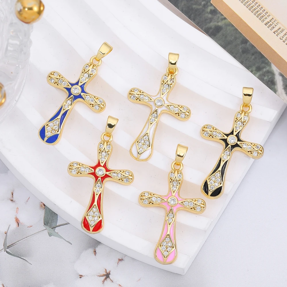 Juya 수제 종교 펜던트 18K 리얼 골드 도금 마이크로 포장 지르콘 구리 에나멜 카톨릭 기독교 십자가 매력 용품