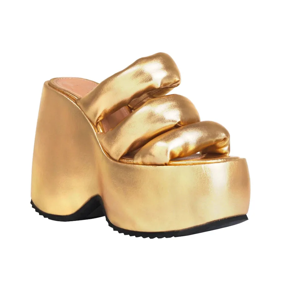 European and American Fashion Round Toe Straight Line Thick Sole Sloping Heel High Heels Women's Shoes Sandals and Slippers